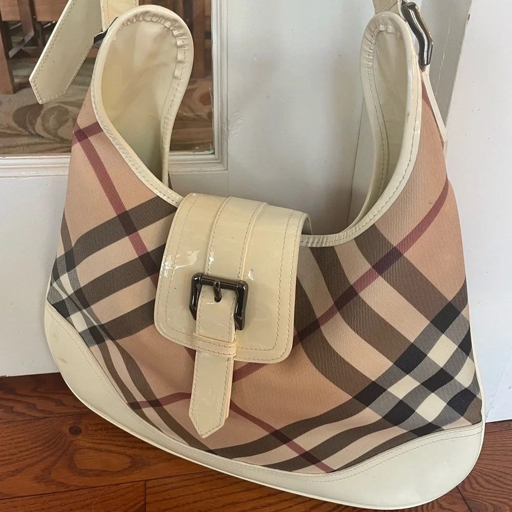 Burberry Cream and Tan Plaid Hobo Bag